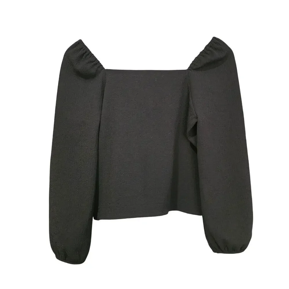 Madewell Crepe Square-Neck Puff-Sleeve Top True Black Size XXS